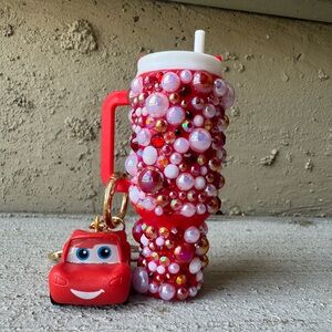 Hand bedazzled mini Stanley keychain with Lightning  McQueen